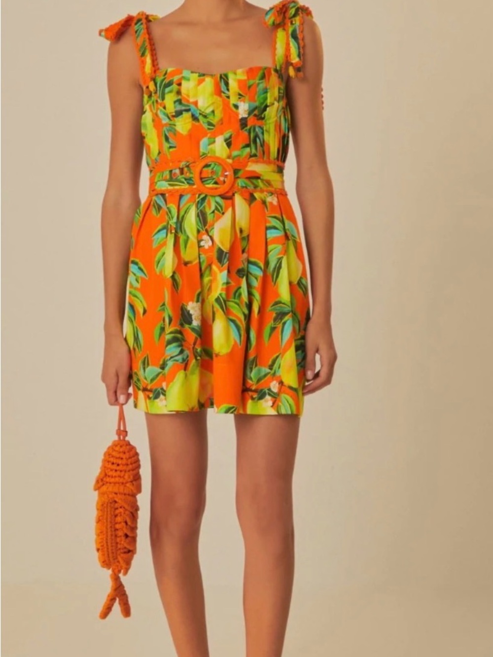 FARM Rio Orange Lemon-Print Tie-Shoulder Sundress with Belt - Picture 2 of 7
